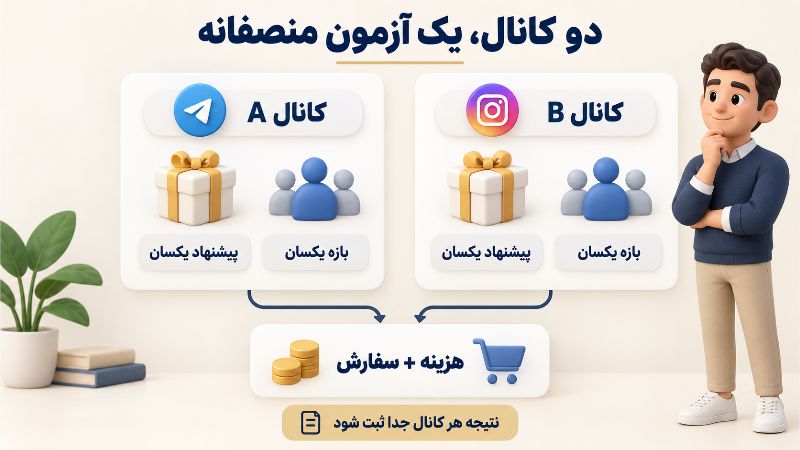 مقایسه دو کانال تبلیغاتی با پیشنهاد و بازه مشابه و ثبت جداگانه هزینه و سفارش